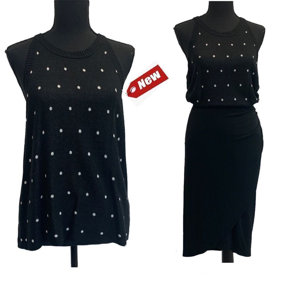 BELLE By Belldini Black white polkadot knit tank top sweater Sz L NWT ￼